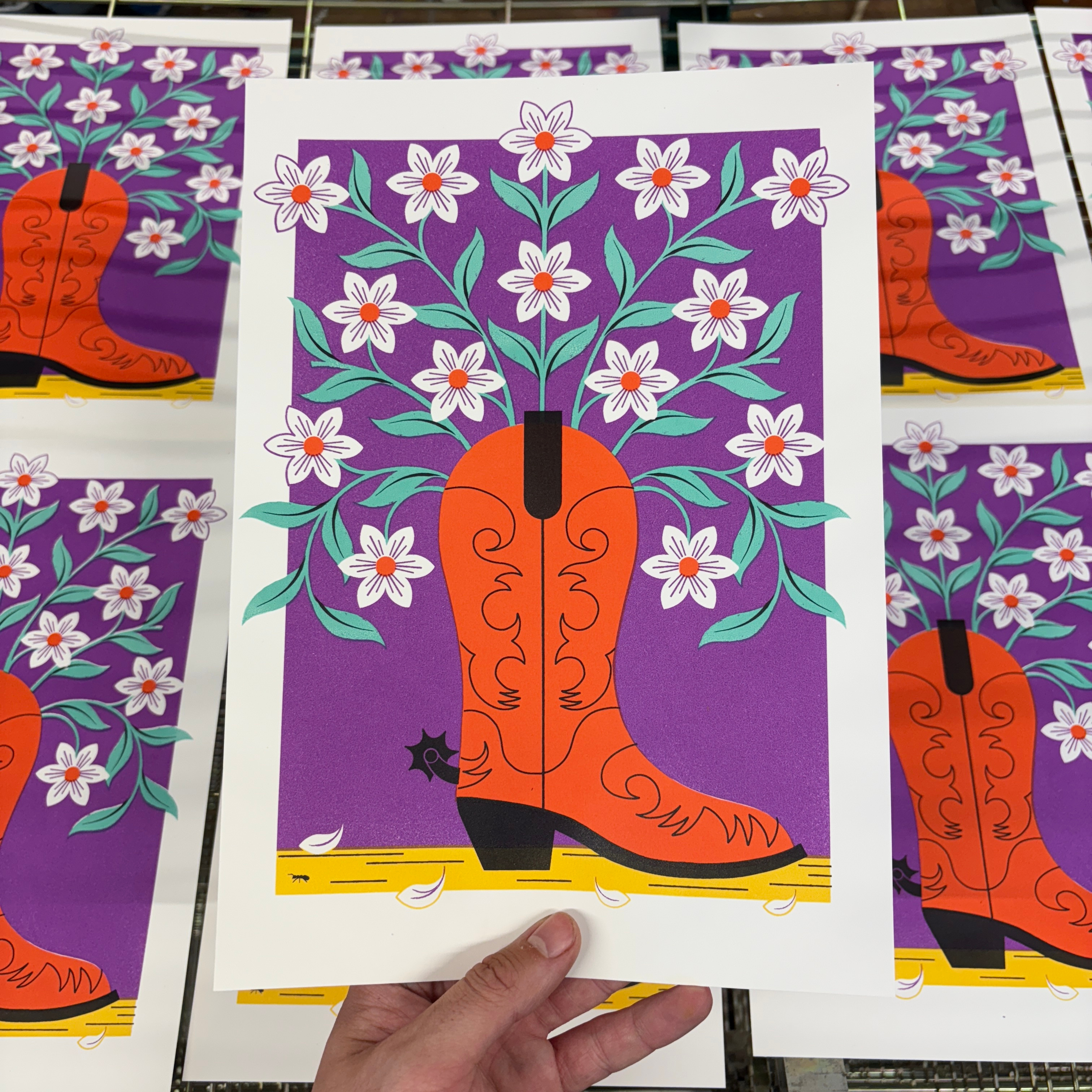 Cow boy boot vase colour design editorial illustration illustration print print making printing screen printing