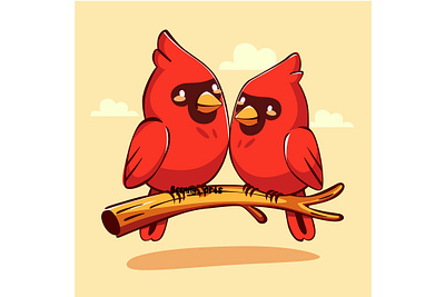 Two Red Birds Perched on a Branch animal beautiful beauty bird branch cardinal cartoon character concept elements ethnic event exotic feather floral garden leaf leaves nature wildlife