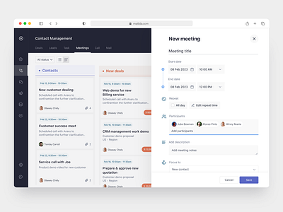 Meeting - CRM dashboard branding crm customer description design leads meeting participants repeat save sudhan task time typography