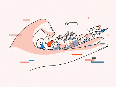 Benefits in the palm of your hand benefits character colour and lines design digital hunter.io icon illustration lines logo minimal platform thumbprint tools ui