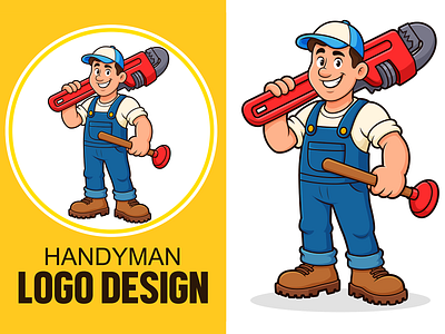 Handyman Cartoon Logo, Repairman Character for Your Brand beehaya branding cartoon character design graphic design handyman illustration logo portrait repairman vector
