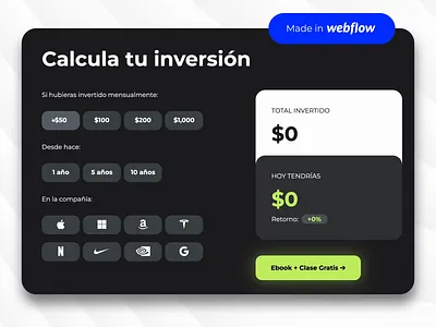 Investor Calculator 🧮 Webflow artificial inteligence calculator chatgpt development landing page made with webflow stock market trading ui ui design uiux webflow website