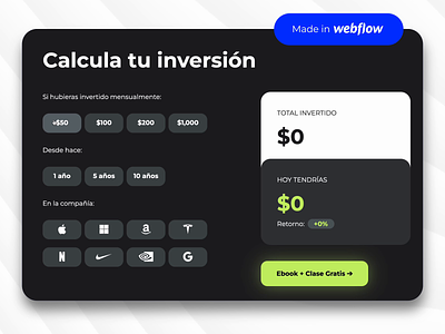 Investor Calculator 🧮 Webflow artificial inteligence calculator chatgpt development landing page made with webflow stock market trading ui ui design uiux webflow website