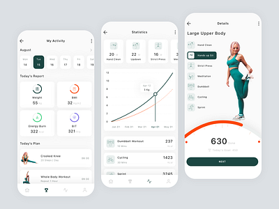 Fitness & Exercise App Design app appdesign chart design exercise figma fitness health ui ui design ui kit ux workout