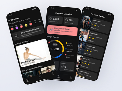 FitTrack – Personalised Fitness & Training App app app design darkmode figma fitnessapp healthapp productdesign progresstracking trainerapp ui uidesign uxdesign uxui