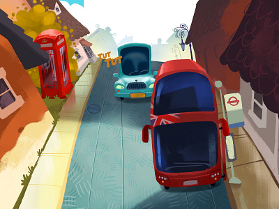 Pip and the Telephone Box 01 animation book bus bus stop car children england great britain houses illustration kids story street tale telephone tourist town vehicles village