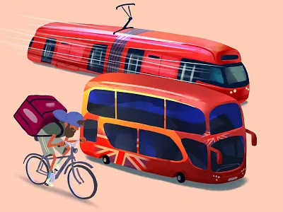 Pip and the Telephone Box vehicles animation bicycle book bus character children city courier england great britain illustration kids tourist town traffic tram vehicles