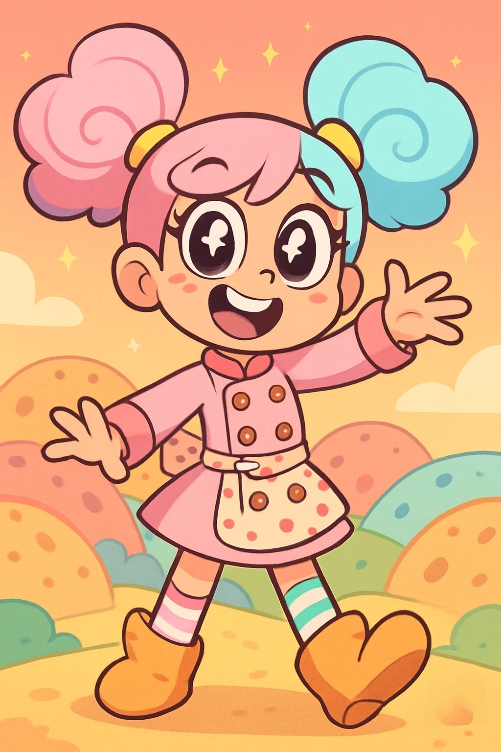 A cheerful cartoon girl with pink and blue pigtails 3d animation app branding card design font graphic design icon idea illustration logo motion graphics pattern plant sign typography ui ux vector