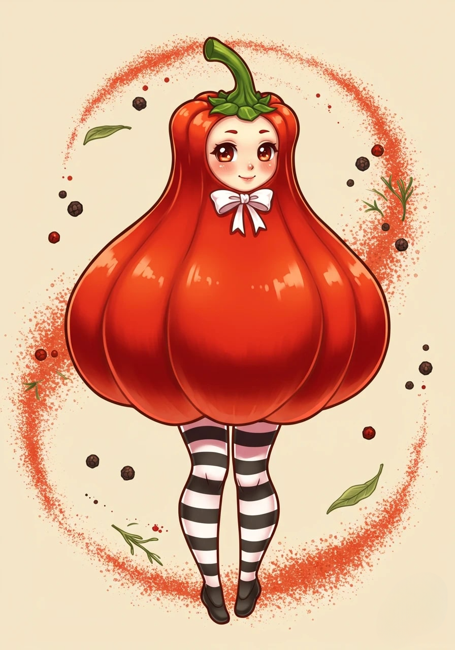 A cute anime-style cartoon girl dressed as a red bell pepper 3d animation app branding card design font graphic design icon idea illustration logo motion graphics pattern plant sign typography ui ux vector