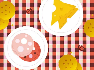 Peachtober Day 4 — Gingham cheese crackers crumbs design gingham illustration ladybug mortadella peachtober picnic picnic blanket ritz salami stylized