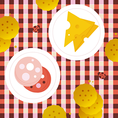Peachtober Day 4 — Gingham cheese crackers crumbs design gingham illustration ladybug mortadella peachtober picnic picnic blanket ritz salami stylized