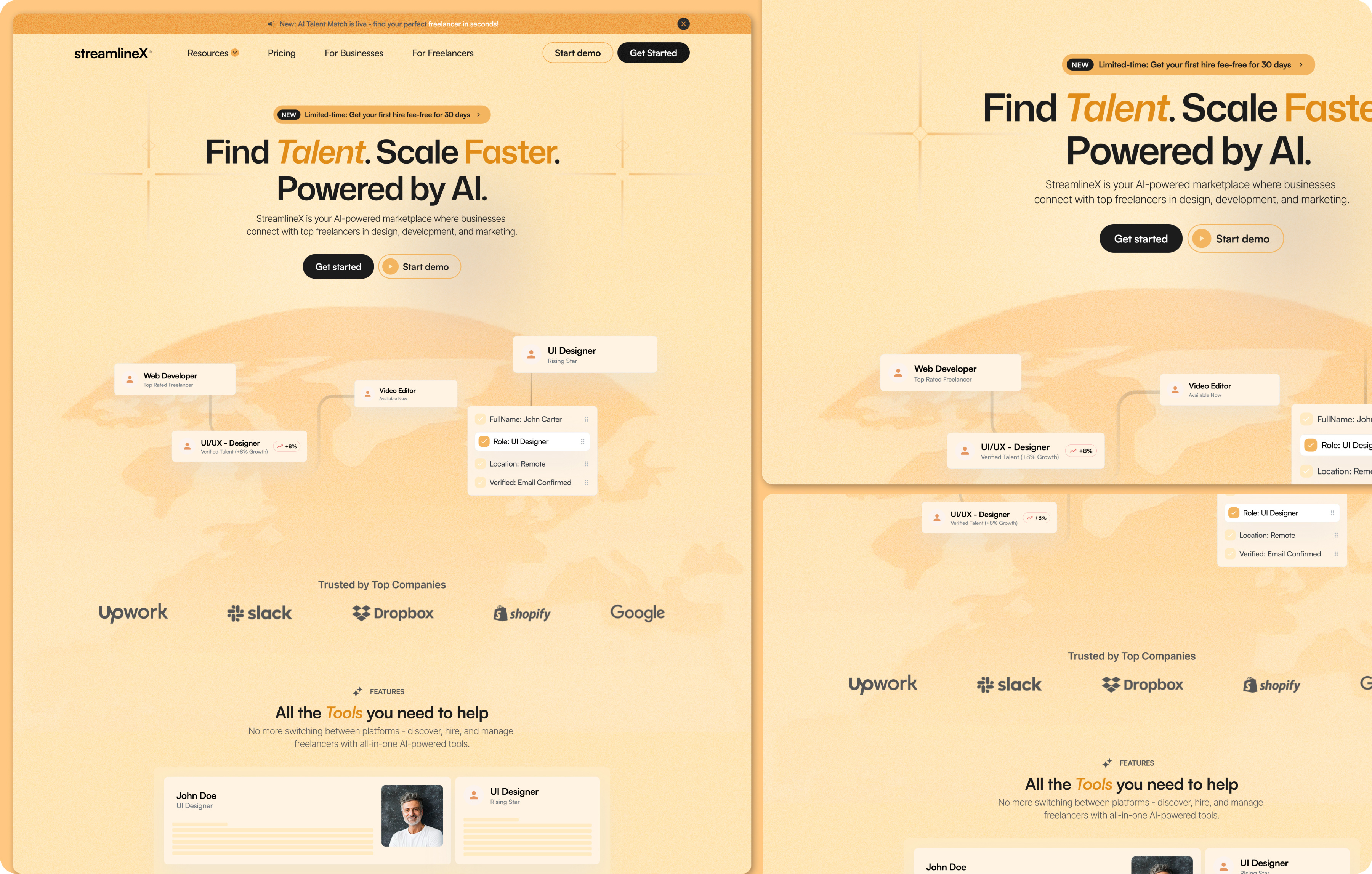 StreamlineX - Conceptual AI-powered Marketplace for Freelancers freelancers website landing page modern website saas design saas landing page saas landing page design saas website web design