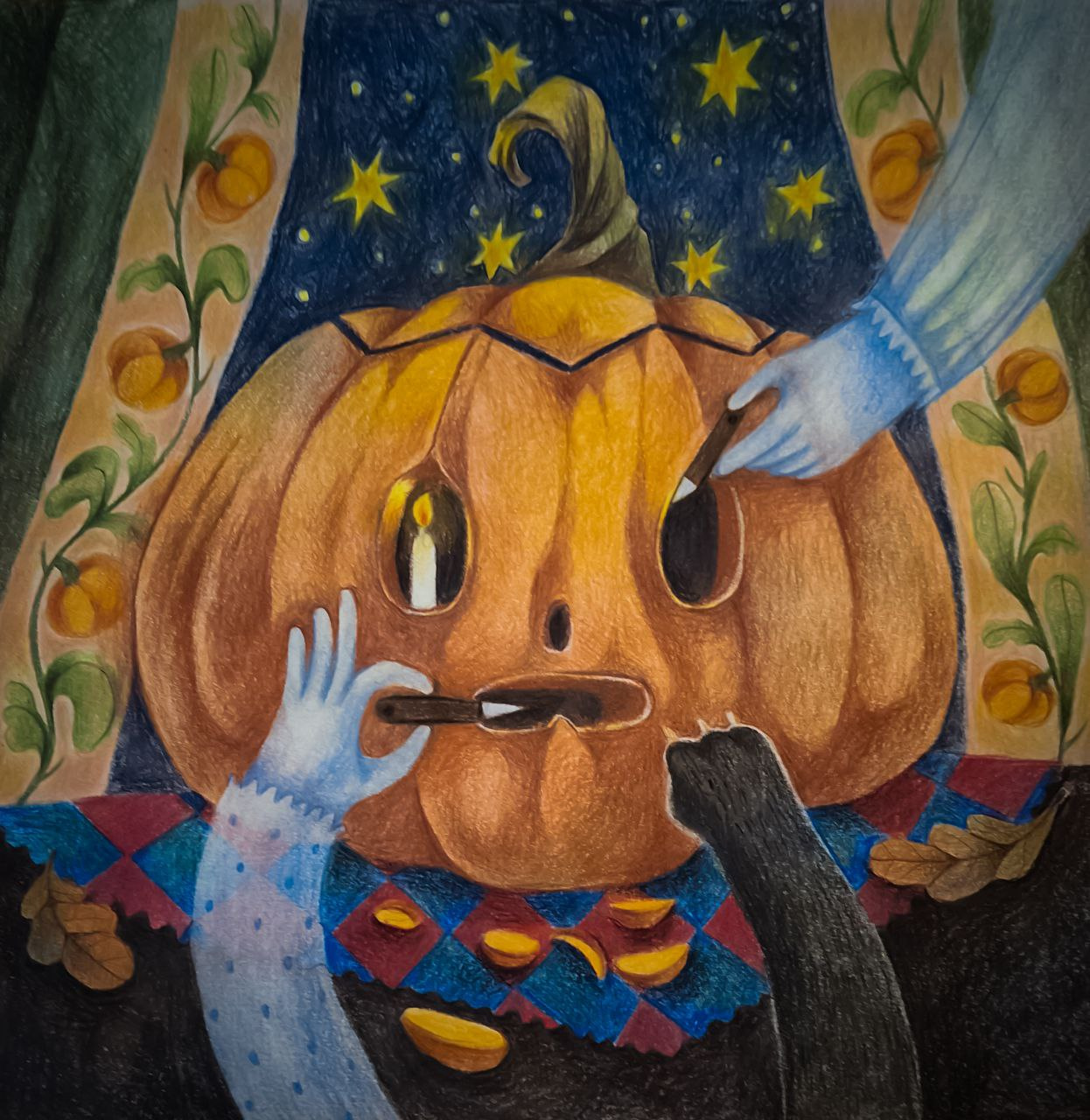 The night of the party cartoon cat color pencil cozy decorative ghost halloween illustration jack light night party pumpkin retro star style tartan texture traditional window