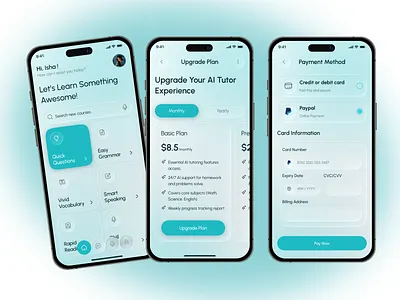 Tutorly – AI Powered Learning Experience Mobile App UI/UX ai ai app ai assistant ai education ai powered ai voice application artificial intelligence chatgpt clean ui explore home screen language learning onboarding pricing tutor tutor ai ui upgrade plan