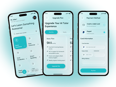 Tutorly – AI Powered Learning Experience Mobile App UI/UX ai ai app ai assistant ai education ai powered ai voice application artificial intelligence chatgpt clean ui explore home screen language learning onboarding pricing tutor tutor ai ui upgrade plan