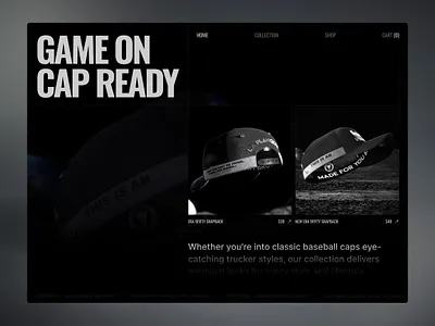 Game On | Bold E-Commerce Landing Page Concept baseballcap bolddesign capstore darkdesign darkmode ecommerce fashiondesign header hed hero landingpage shop trending typography uiux webheader website