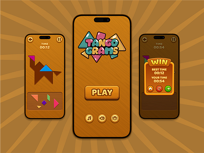 TangoGrams Puzzle Game UI 2dgame casualgame dribbbleshot flatdesign gameart gameinterface gameui mobileappui mobilegamedesign playfuldesign puzzlegame tangramgame ui uiconcept uxuidesign woodtexture