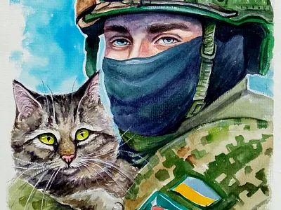 Ukrainian Soldier Portrait with Cat – Original Watercolor art art cat hand painted handmade paint painting pet soldier ukraine war