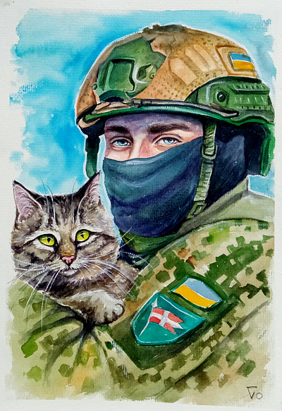 Ukrainian Soldier Portrait with Cat – Original Watercolor art art cat hand painted handmade paint painting pet soldier ukraine war