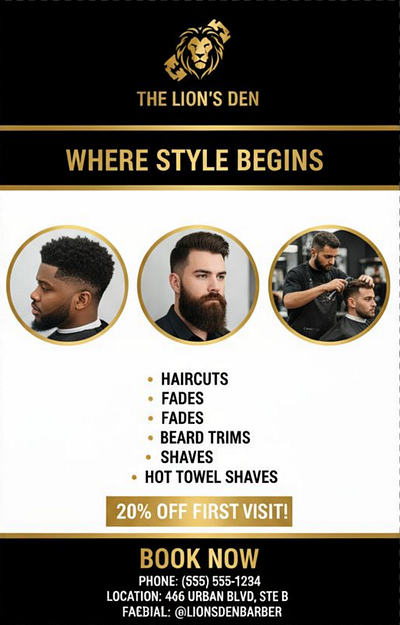 "The lion's Den's" barbing saloon flyer branding design flyer design graphic design logo