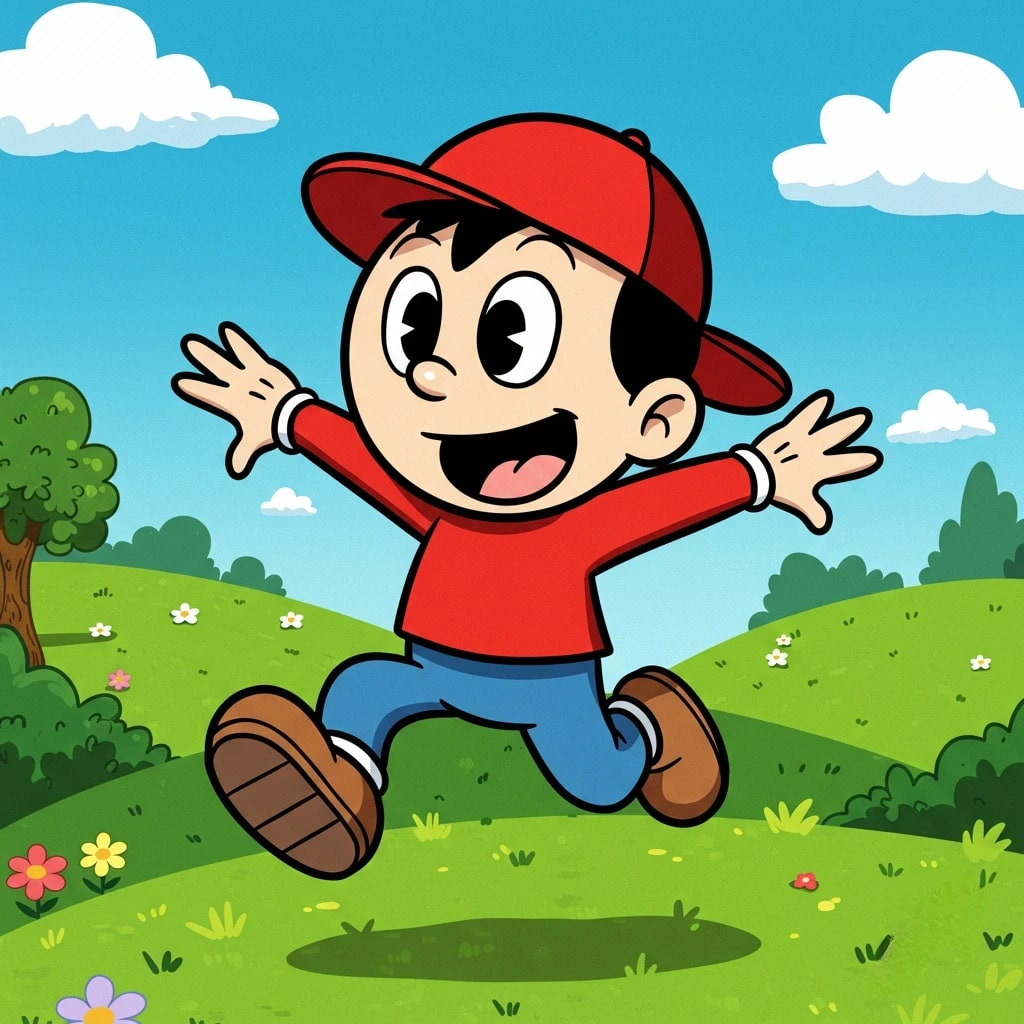 A happy cartoon boy in a red hat 3d animation app branding card design font graphic design icon idea illustration logo motion graphics pattern plant sign typography ui ux vector