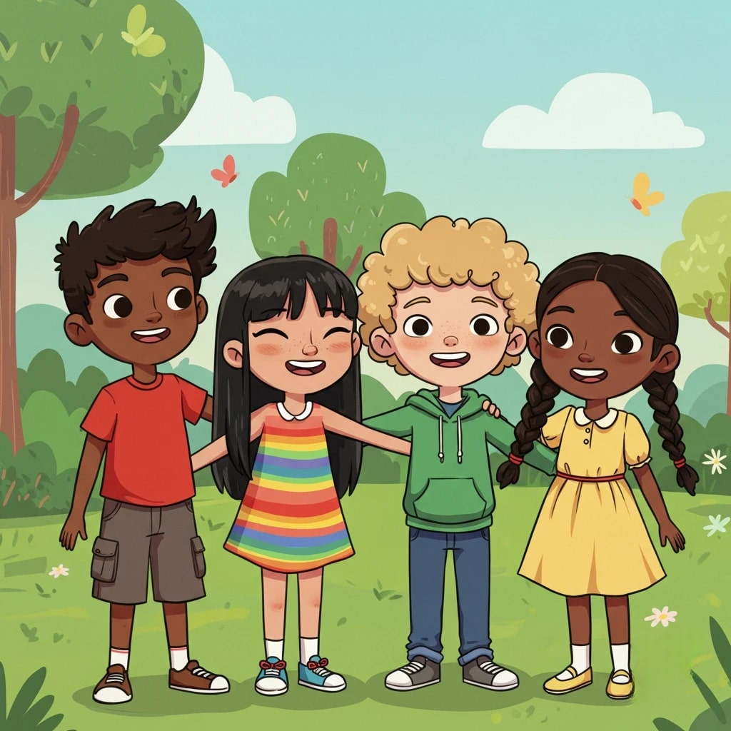 Four diverse cartoon children smiling 3d animation app branding card design font graphic design icon idea illustration logo motion graphics pattern plant sign typography ui ux vector