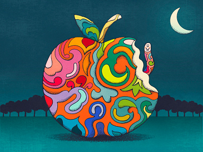 Midnight Feast 70s apple colorful illustration lively scout midnight feast moonlight orchard procreate psychedelic retro stipple texture vintage illustration worm