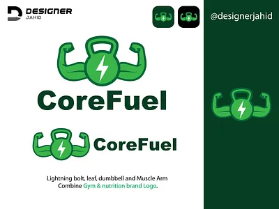 Lightning bolt, Leaf, Dumbbell, and Muscle Arm Combine Gym logo abstract logo branding combination mark logo core fuel logo creative logo design designer jahid graphic design green logo gym logo illustration logo mascot logo minimal logo new logo nutrition brand logo pictorial logo timeless logo unforgettable logo vector