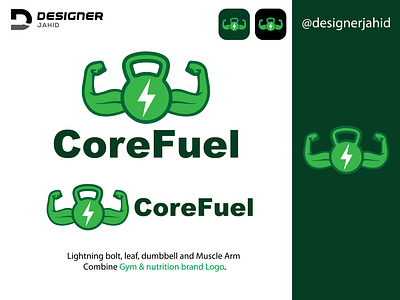 Lightning bolt, Leaf, Dumbbell, and Muscle Arm Combine Gym logo abstract logo branding combination mark logo core fuel logo creative logo design designer jahid graphic design green logo gym logo illustration logo mascot logo minimal logo new logo nutrition brand logo pictorial logo timeless logo unforgettable logo vector
