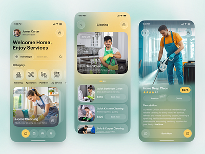 Smart Home Services Mobile App | Modern & Minimal UI Design 2025 trends app design booking booking app cleaning services glass effect home service home services app liquid glass mobile mobile app repairing services service app services app