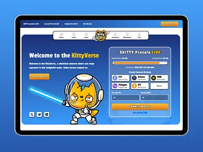 Futuristic Crypto Presale Landing Page characterdesign cryptopresale cryptotoken kittyverse landingpagedesign meme meme coin website meme design pepe design presale