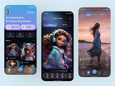 AI Art & Video Maker App – Transform Imagination into Motion UI 2025 trends ai app design ai art app ai photo app ai video app ai video editor app design futuristic ui glassmorphism mobile mobile app motion app photo editor app trending design