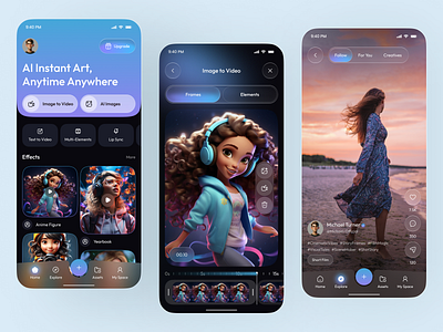 AI Art & Video Maker App – Transform Imagination into Motion UI 2025 trends ai app design ai art app ai photo app ai video app ai video editor app design futuristic ui glassmorphism mobile mobile app motion app photo editor app trending design