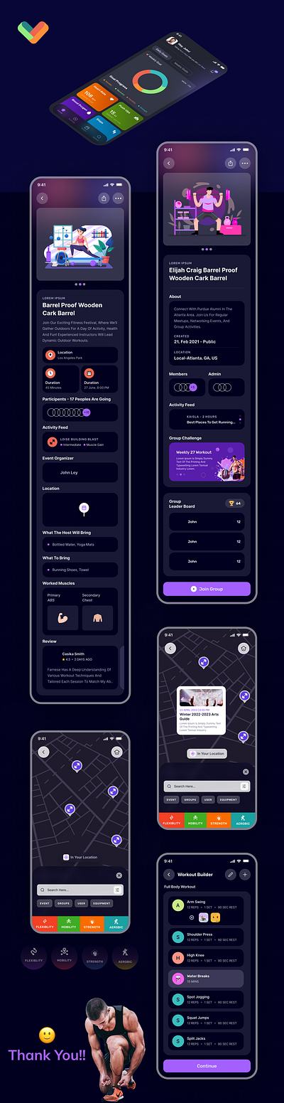 Movematch App application branding dark dark mode logo mobile app move prototyping typography ui ux wellness