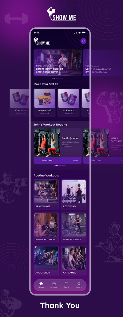 Show Me dark dark mode device gym mobile app mobile interface ui ux workout