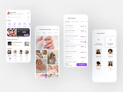 Beauty Booking App android app beauty beauty app beauty salon booking app cleanui color freelance light mode minimal minimal design minimal ui mobileappdesign nailartapp productdesign purple salonapp uiux