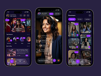 Flowstream – Live Streaming & Creator app app ui content dark mode fireart live app live stream live streaming mobile app mobileapp podcast stream streaming streaming app videos videos app