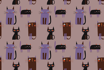 A whimsical seamless pattern featuring quirky cats black cat branding cat childish graphic design halloween halloween illustration halloween pattern kids pattern