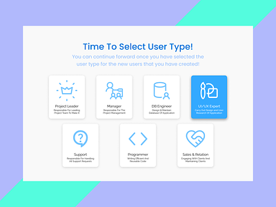 User Type Selection Day 64 application branding daily ui 64 dashboard design graphic design management responsive role management roles select roles selection trending ui uiux user user types ux website