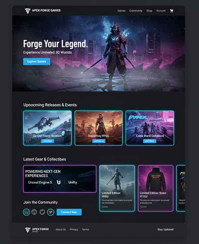 Apex Forge Games – Next-Gen Gaming Website UI/UX Design 3d website 3ddesign animation branding design dribbblestyle figmadesign gamestudio gamewebsitedesign gamingui graphic design landingpagedesign modern website modernwebdesign modernwebsite techdesign ui uidesign uxdesign webdesign