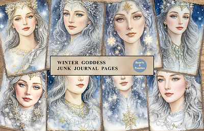 Winter Goddess Junk Journal Pages design digital art digital download digital illustration ephemera fantasy graphic design illustration junk journal pages magical printable snowflakes stars vintage ephemera vintage junk journal pages watercolor winter winter goddess winter junk journal pages winter magic