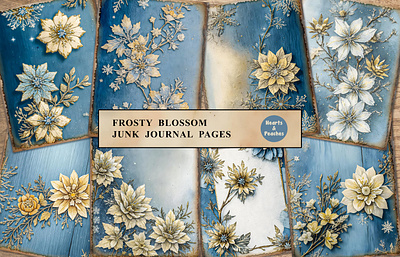 Frosty Blossom Junk Journal Pages blue design digital art digital download digital illustration fantasy flower flowers graphic design illustration junk journal page magical old paper texture scrapbook pages vintage vintage ephemera watercolor winter winter collage sheet winter flowers
