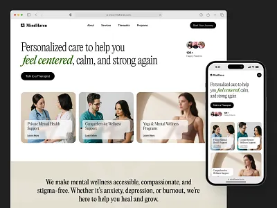 MindHaven — Mental Wellness Website | Header exploration best uiux agency calm ui digitalwellness figma design header healthcaredesign here section mental wellness mentalfitness web mentalhealth mindfulness responsivedesign seative therapywebsite top design agency uiux wellbeing web design wellness website