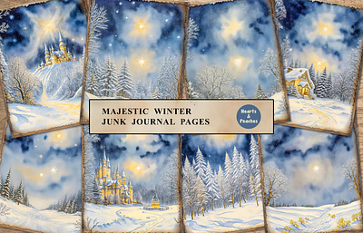 Free Majestic Winter Junk Journal Pages design digital art digital download digital illustration fantasy graphic design illustration junk journal page magical old paper texture vintage watercolor winter ephemera winter holiday collage sheet winter junk journal page winter land winter meadow winter village winter wonderland winterland