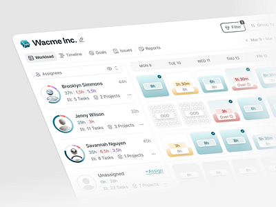 Workload Planner – Smart Team Scheduling UI chart clean dashboard design product graph grid layout management minimalism planner saas schedule system tasks timeline tracking ui design workload