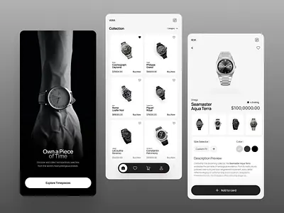 Luxury Watch E-Commerce App UI audemars piguet collection grid fashion tech high end retail horology app luxury app design mehbubur rahman minimalist shopping app mobile commerce monochrome mobile ui omega seamaster onboarding screen patek philippe premium ui product detail page rolex daytona timepiece marketplace ui inspiration ux design watch e commerce