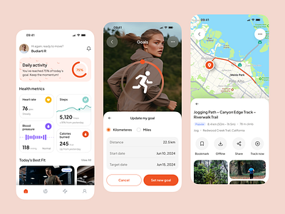 Running Mobile App activity analytics blood pressure calories figma fitness goals gps health jogging maps progress route running sport steps tracking training wellness workout