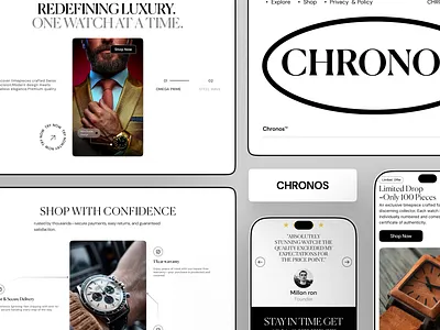 Chronos Luxury Watch Website Full Landing Page UI black white palette brand storytelling clean typography collection carousel customer testimonial e commerce inspiration hero banner high end retail landing page ui limited edition drop luxury web design mehbubur rahman minimal design monochrome aesthetic newsletter cta premium timepieces product showcase responsive web layout ui ux design watch e commerce
