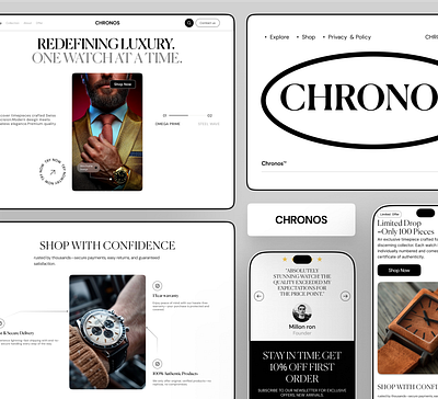 Chronos Luxury Watch Website Full Landing Page UI black white palette brand storytelling clean typography collection carousel customer testimonial e commerce inspiration hero banner high end retail landing page ui limited edition drop luxury web design mehbubur rahman minimal design monochrome aesthetic newsletter cta premium timepieces product showcase responsive web layout ui ux design watch e commerce