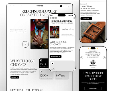 Chronos Luxury Watch Mobile Responsive black white palette clean typography collection carousel customer testimonial e commerce inspiration hero banner landing page ui limited edition drop luxury watch ui luxury web design mehbubur rahman minimal design monochrome aesthetic premium timepieces ui ux design watch e commerce watch mobile app watch ui